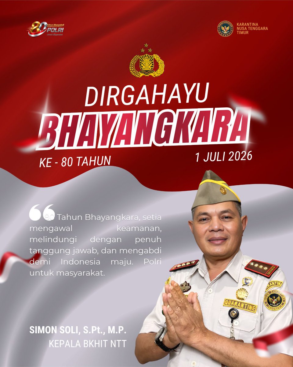 KarantinaNTT's tweet photo. Selamat Hari Bhayangkara ke-80 ✨

Menjaga negeri bukan pekerjaan satu pihak. Dibutuhkan sinergi, kepercayaan, dan semangat untuk terus hadir bagi masyarakat.

Karantina NTT mengucapkan selamat Hari Bhayangkara ke-80 kepada seluruh jajaran Polda Nusa Tenggara Timur. https://t.co/ohVO5TSp8X