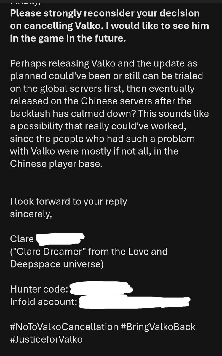 ThatDayDreamerr's tweet photo. @InfoldGames_ @Love_Deepspace (3/3)

@InfoldGames_ @Love_Deepspace

#NoToValkoCancellation #BringValkoBack #JusticeforValko https://t.co/LgCk8ruhcc