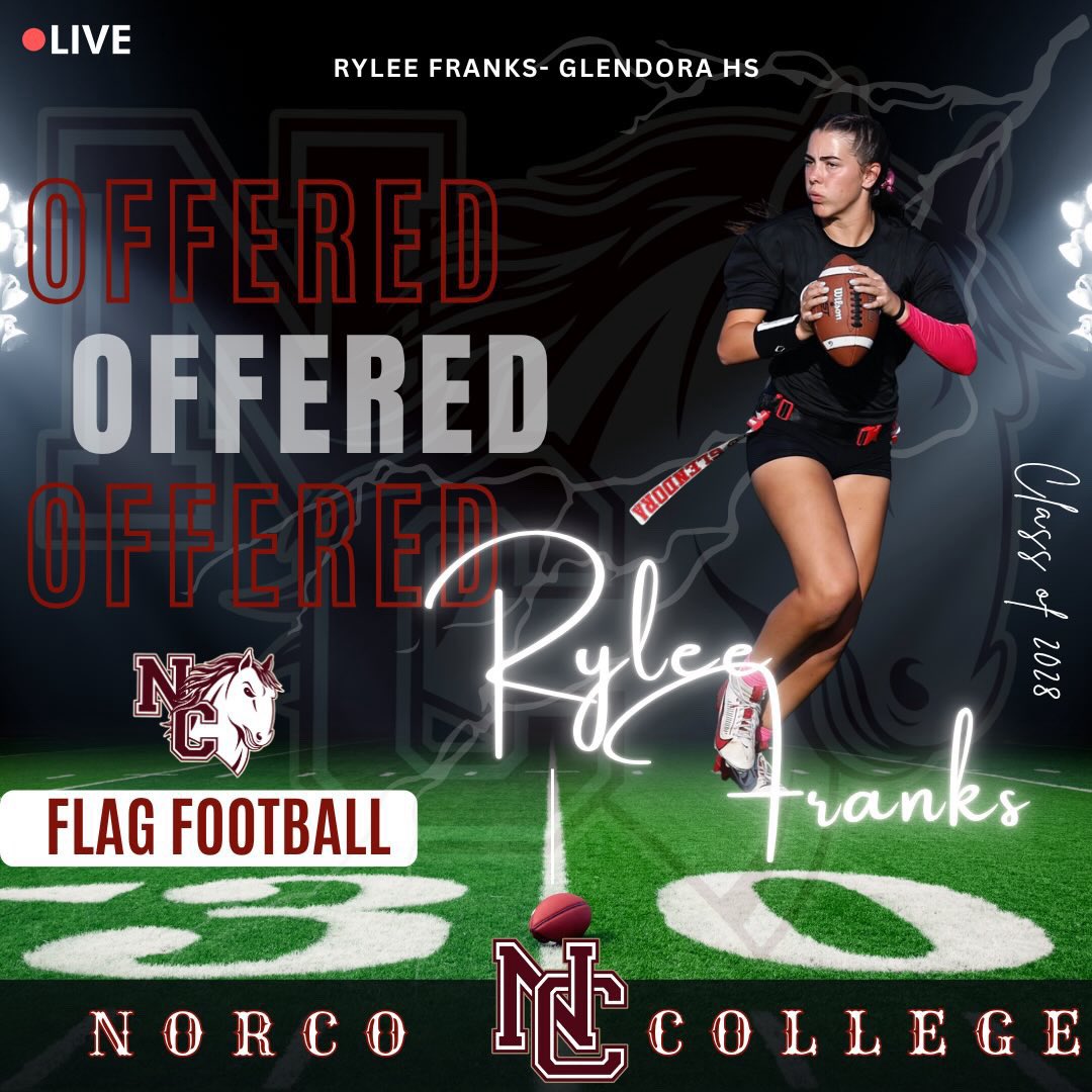 franks_rylee's tweet photo. Another opportunity. Another blessing. 🐎❤️🖤

So thankful to receive an offer from Norco College! Thank you to the coaching staff for believing in me. Excited for what’s ahead!

#NorcoCollege #GoMustangs #ClassOf2028 #FlagFootball #Blessed https://t.co/SFxtrzSqTE