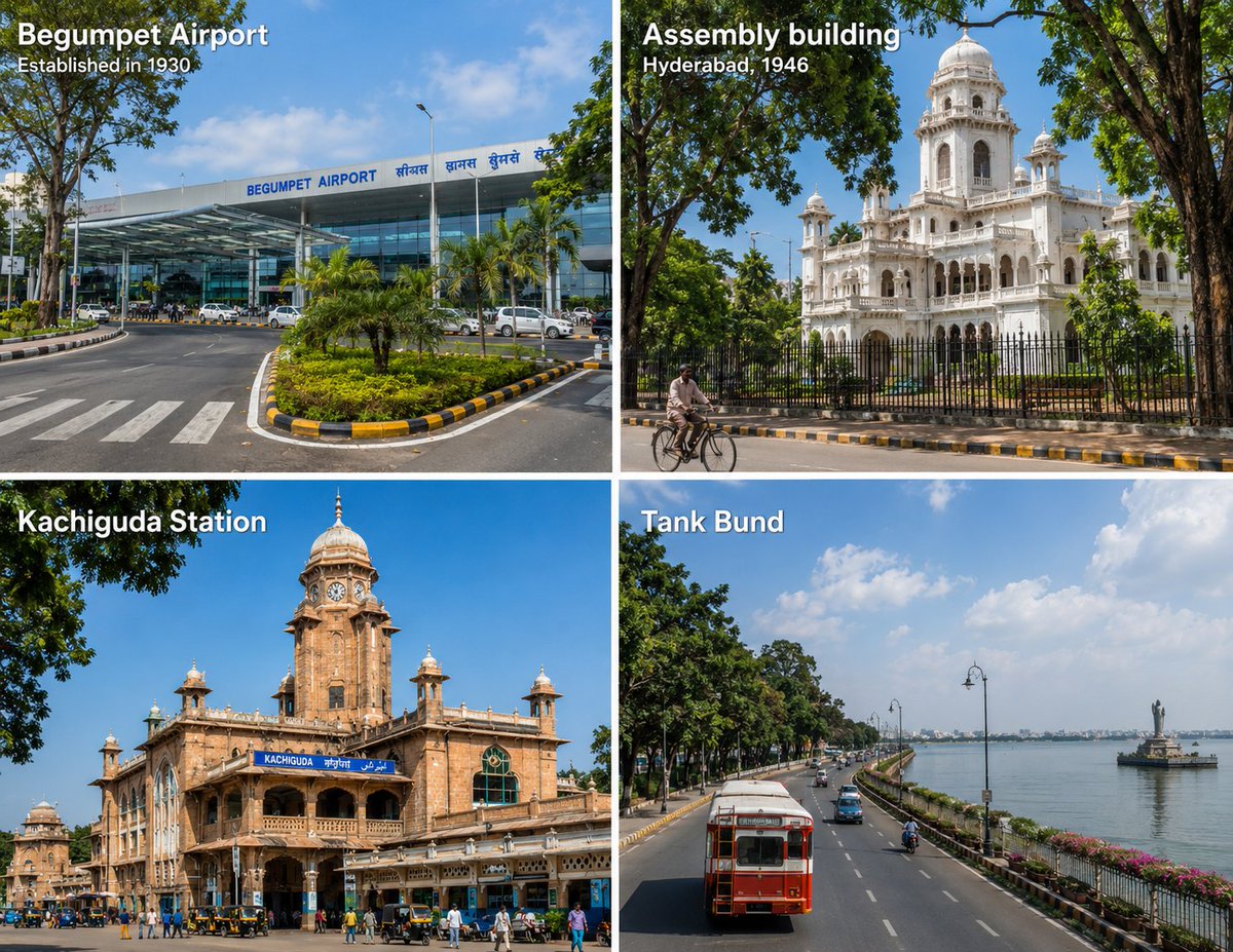 InsideTelangana's tweet photo. Hyderabad before the skyline. 🏛️✈️🚉🌊
From Begumpet Airport (1930) to the iconic Assembly, Kacheguda Station & Tank Bund — a glimpse into the city’s timeless legacy.
Old Hyderabad wasn’t built overnight — it was built to last. ❤️
#Hyderabad #Telangana #KnowYourCity https://t.co/6pbbrE0wK3