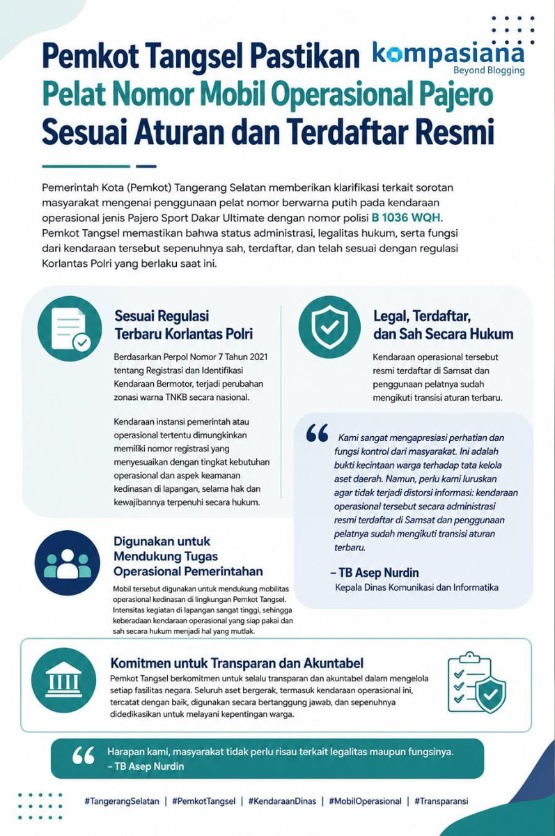 CahmadP's tweet photo. Pemkot Tangsel menegaskan bahwa kendaraan operasional Pajero telah terdaftar resmi, sesuai regulasi yang berlaku, dan digunakan untuk mendukung pelayanan kepada masyarakat.

#TangerangSelatan #PemkotTangsel #KendaraanDinas #MobilOperasional #Transparansi https://t.co/TzQ1hN3ti8