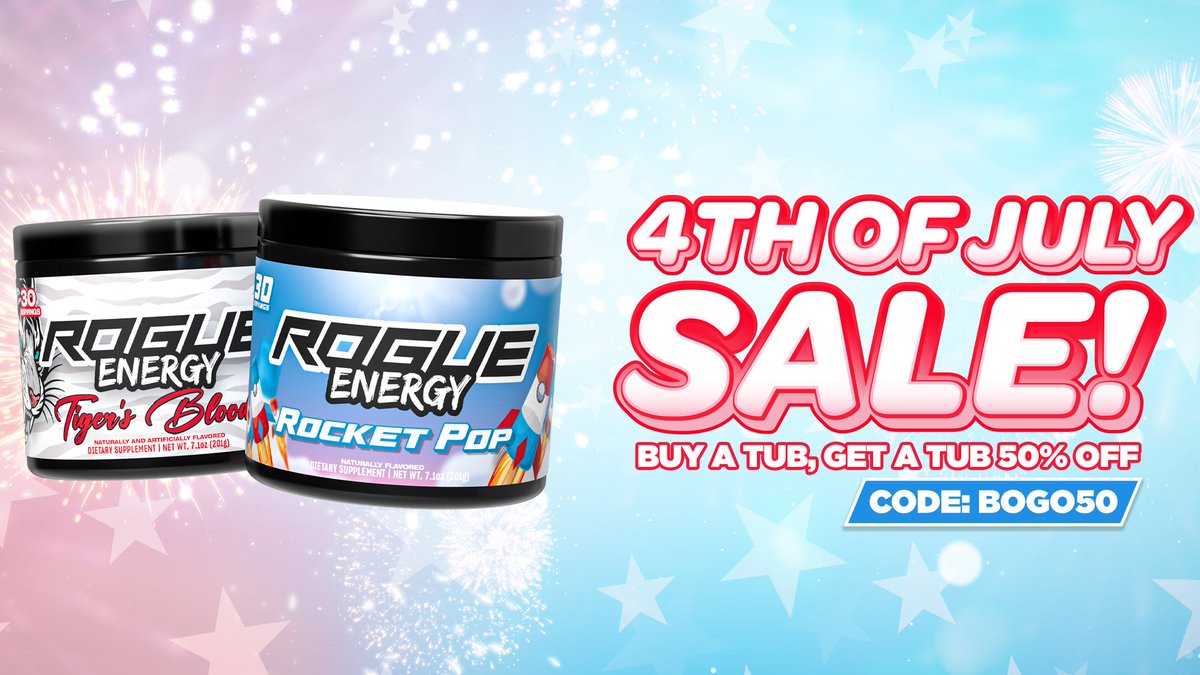 TheRogueEnergy's tweet photo. 🎆 The 4th of July Sale starts NOW! 👀

🔥  BUY A TUB GET A TUB 50% OFF   

🎟️ Use code: BOGO50 (with both tubs in cart)

  Now's the perfect time to stock up on your favorites!  

🛒 Shop now: https://t.co/2hGZmY3ydS https://t.co/rm6CQpRkkP