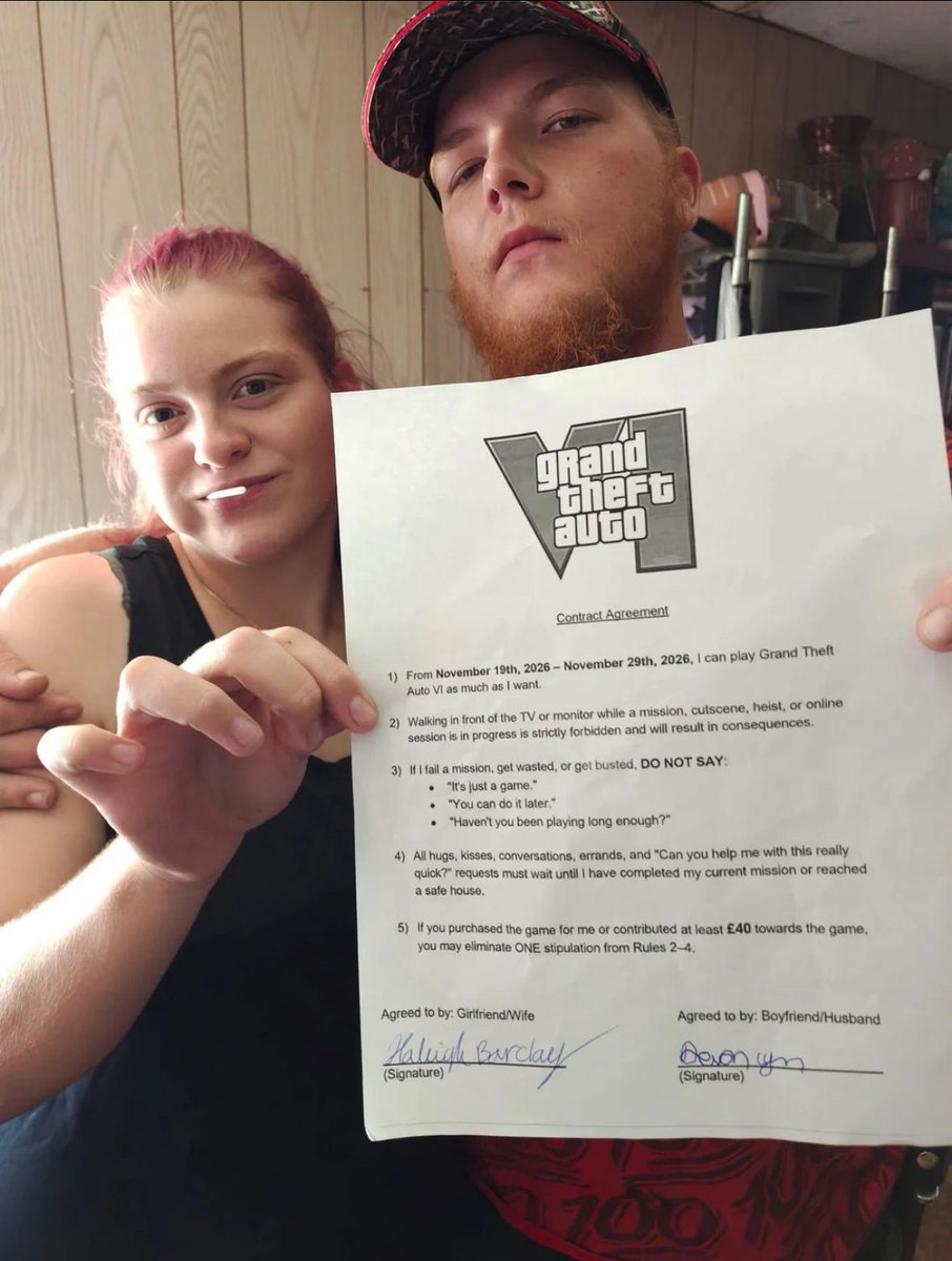 TheGameVerse's tweet photo. A couple signed an agreement that she won’t disturb him during GTA 6’s first week after launch 😂 https://t.co/a4AgJJOlSu