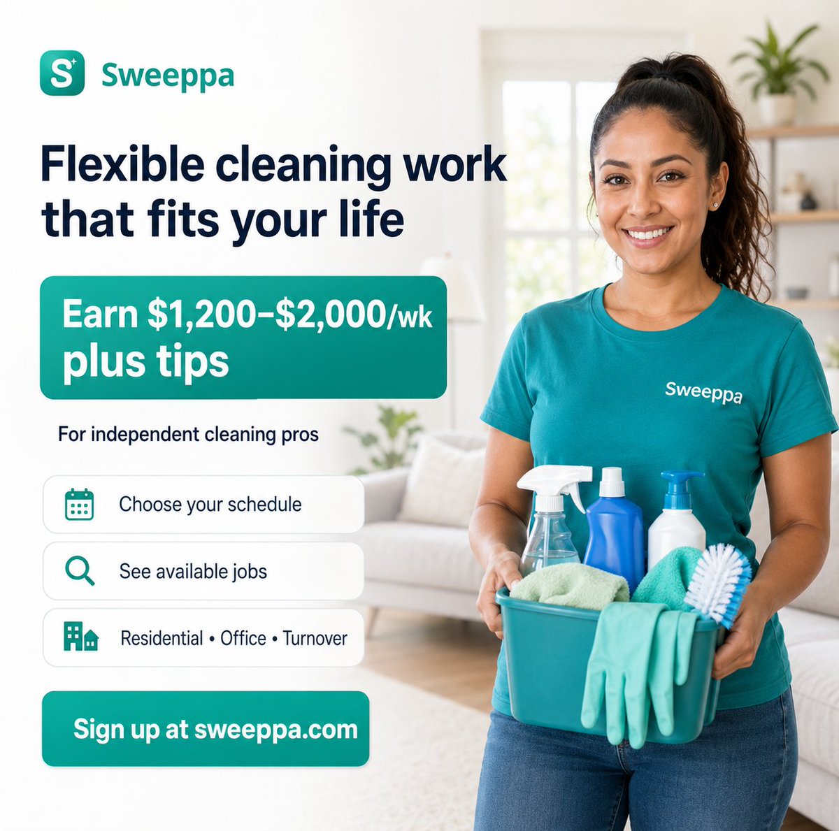 Sweeppahq's tweet photo. Flexible cleaning work that fits your schedule.

Join Sweeppa to see available jobs and earn $1,200–$2,000/week plus tips.

Residential. Office. Turnover.

Sign up at https://t.co/TNLbsntTfr

#Sweeppa #CleaningJobs #FlexibleWork #CleanerJobs https://t.co/tr9J8doOyR