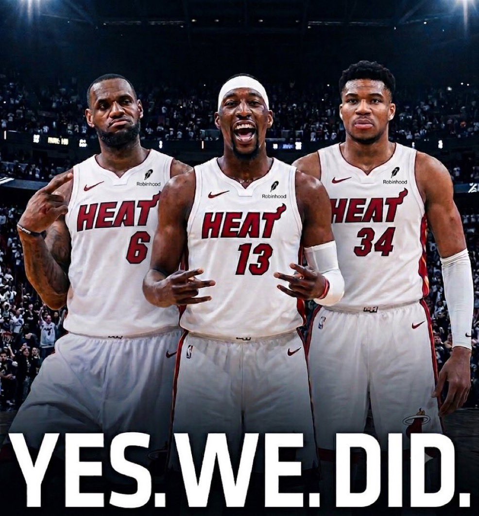WadexFlash's tweet photo. LeBron you could have all the happiness with the Miami Heat.

A generational star in Giannis, best defender in the league who can give you 20/10 in Bam and the best 3&amp;D player in Andrew Wiggins.

Cavs or Golden State won’t help you get your 5th championship. https://t.co/K54O4PUqhg