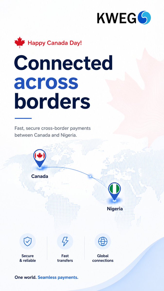kwego_1's tweet photo. Happy Canada Day, and welcome to July. 

For many people living abroad, financial connection to home is part of daily life. 

KweGo is designed to support secure cross-border payment workflows for individuals &amp; businesses through regulated financial partners
#CanadaDay #July2026 https://t.co/1marnrlgpB