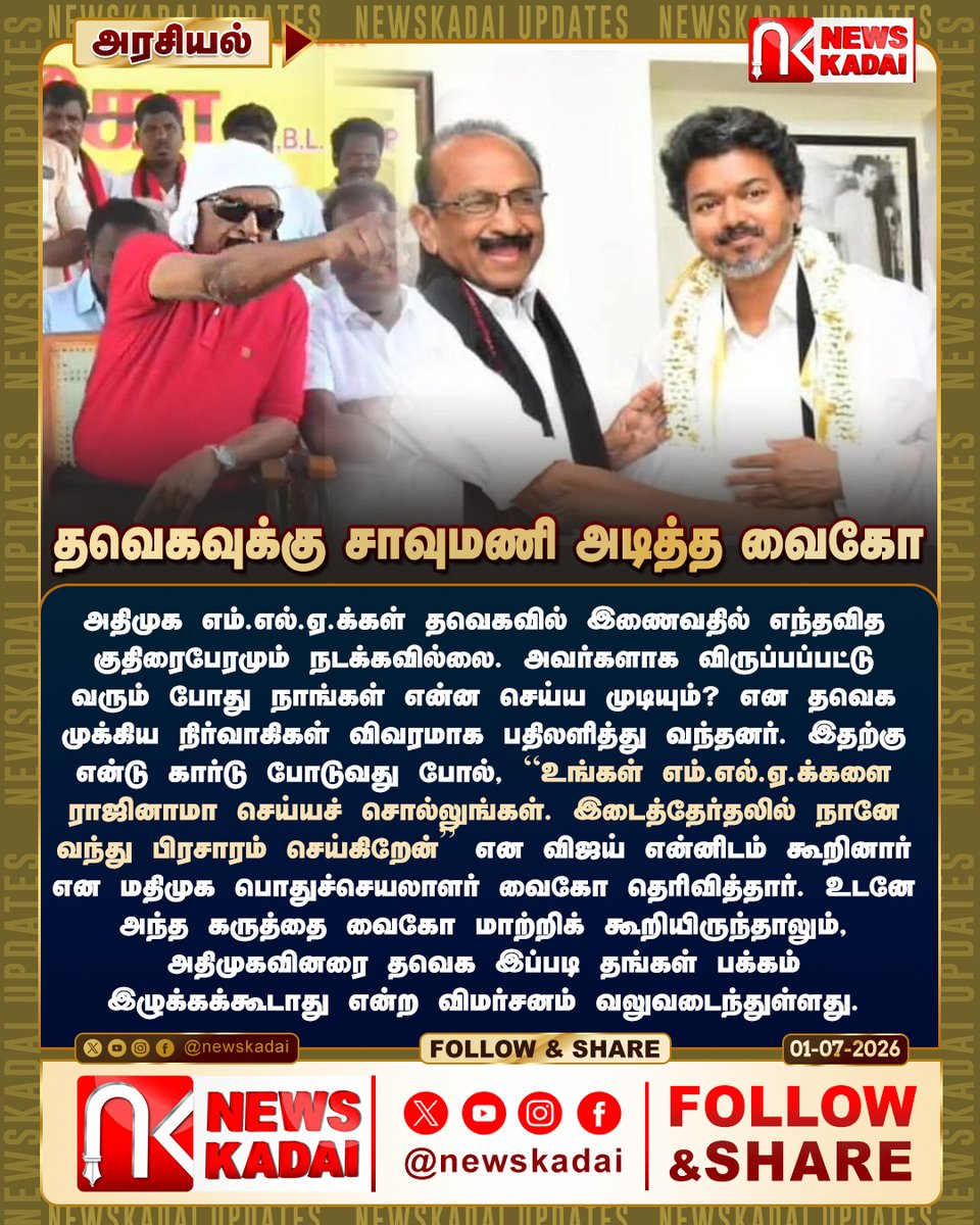 newskadai's tweet photo. தவெகவுக்கு சாவுமணி அடித்த வைகோ
அதிமுக எம்.எல்.ஏ.க்கள் தவெகவில் இணைவதில் எந்தவித குதிரைபேரமும் நடக்கவில்லை.
#TVKVijay #TVKparty #tvk #TNGovt #CPIM #cpi #VCK #MMK https://t.co/Kux8wXrXBF