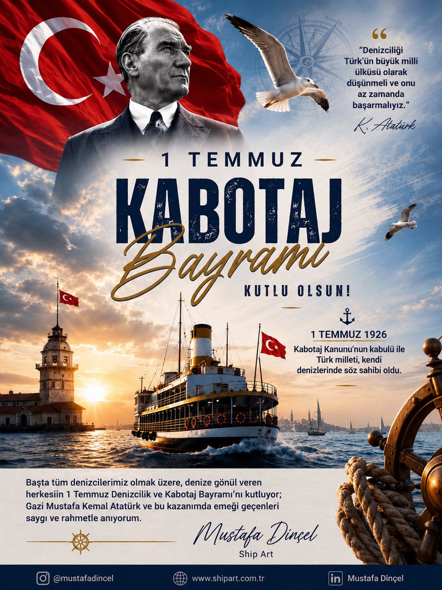 ShipArt's tweet photo. 🇹🇷 KABOTAJ Bayramımız Kutlu Olsun! ⚓

Denizler, bir milletin sadece sınırları değil; bağımsızlığının, üretiminin ve geleceğinin de simgesidir.

1 Temmuz 1926’da yürürlüğe giren Kabotaj Kanunu ile Türk milleti, kendi denizlerinde egemenliğini ilan etmiş; deniz ticaretinde ve taşımacılığında milli iradesini ortaya koymuştur.

Denizciliğin gelişmesi; ekonomimizin güçlenmesi, mavi vatanımızın korunması ve gelecek nesillere daha güçlü bir denizcilik mirası bırakılması açısından büyük önem taşımaktadır.

Başta denizcilerimiz olmak üzere, denize gönül veren herkesin 1 Temmuz Denizcilik ve Kabotaj Bayramı’nı kutluyor; Gazi Mustafa Kemal Atatürk ve bu kazanımda emeği geçenleri saygı ve rahmetle anıyorum.

Pruvanız neta, rüzgârınız kolayına olsun. ⚓🇹🇷

#1temmuzkabotajbayramı #kktc #egemenlik #nato #mavivatan #denizcilik #besimtibuk #nthol #merit #spk