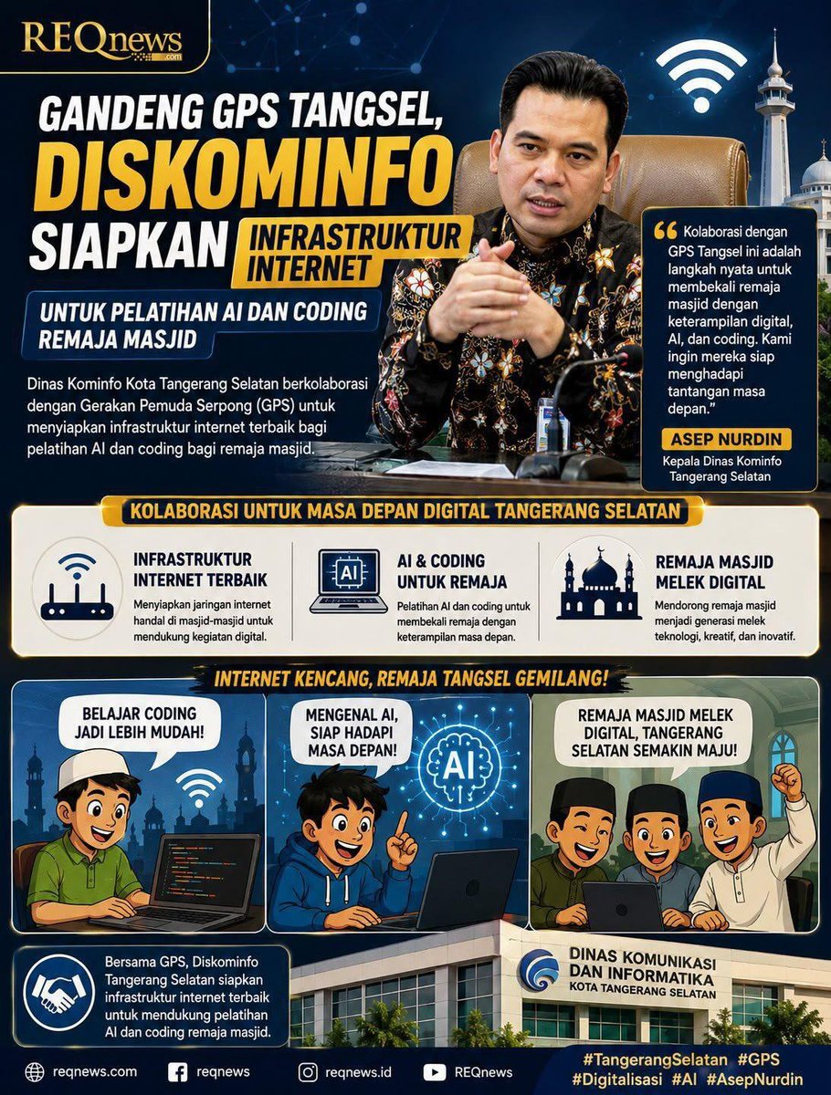 CahmadP's tweet photo. Pemkot Tangsel bersama GPS Tangsel menyiapkan infrastruktur internet untuk mendukung pelatihan AI dan coding bagi remaja masjid sebagai bekal menghadapi era digital.

#TangerangSelatan #GPS #Digitalisasi #AI #AsepNurdin https://t.co/9bwkjZkKxz
