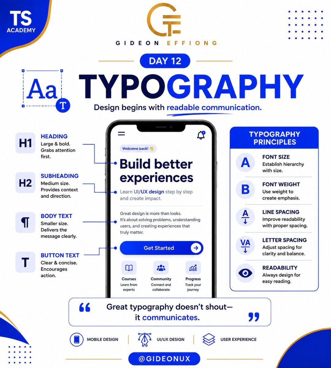 EffiongGid46556's tweet photo. 🚀 Day 12 of learning UI/UX
I used to think choosing a font was just about style.
Today I learned it's about communication.
The right typography makes information easier to read and understand.
Small details create great experiences.
#30DaysOfTech #LearningWithTS @TechSphereAcad https://t.co/pnjSpj15hq