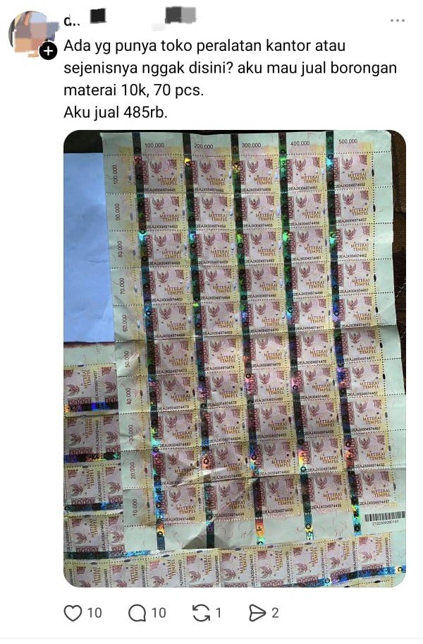 MiskinTV_'s tweet photo. Materai 10k sebanyak 70 pcs
Dijual dengan harga Rp485.000.
Jadi kalo diitung satuannya Rp6.900 aja.

Kok bisa ya?
Gw kemaren nanya di Kantor Pos ga ada diskon meskipun beli dalam jumlah banyak (gw kemaren nanya 100pcs). https://t.co/qIbg8cnGGU