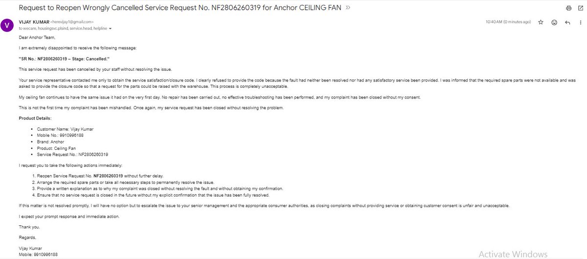 herevijay1's tweet photo. @PanasonicIndia, @AnchorPanasonic  SR No.: NF2806260319 – Stage: Cancelled by your representative without resolving the issue. Your representative contacted me to obtain the service satisfaction code. I denied to provide the code because issue is not resolved till now. https://t.co/zUY30lyMTE