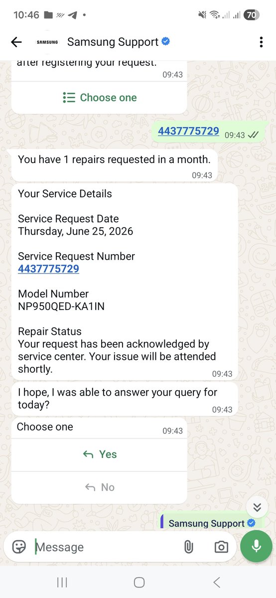 drcool122's tweet photo. @SamsungIndia I got my Note 4 Laptop last year, facing some software challenges since couple of months. Not able to install updates, C drive is missing.
Complaint and got this. However, no one has attended me so far. Got new message that it is solved and they are closing tickets. https://t.co/Fr1LZEAmFA