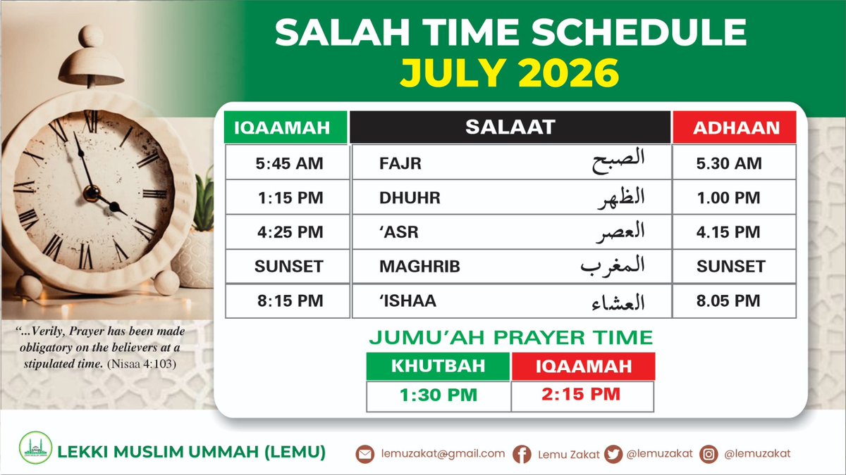 LemuZakat's tweet photo. As-salāmu ‘Alaykum wa Rahmatullāhi wa Barakatuh.

Please take note of the current Solat time for the month of July - subject to change.

May Allah SWT accept all our Ibadah. Āmīn. https://t.co/Ihum3FcQwf