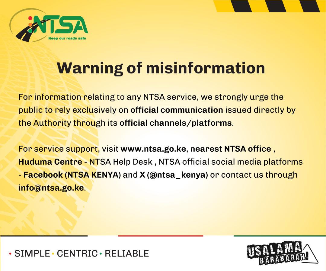 ntsa_kenya's tweet photo. How to reach #NTSA, Warning of misinformation. https://t.co/GEG6ernckP