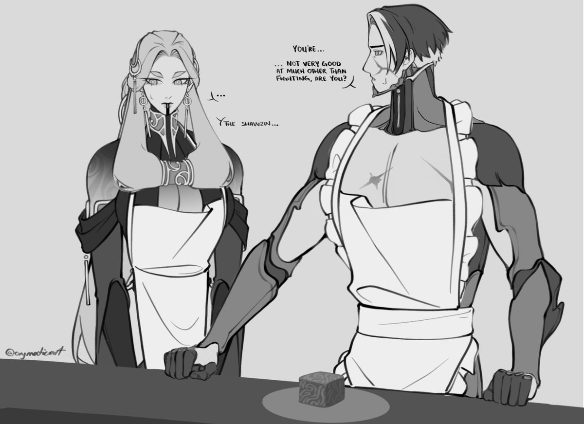 CrymaticArt's tweet photo. That one mashle scene when his potion kept turning into a cream puff but anything drifter cooks turns into a cube
 ft the Kim conversation of Arthur offering to teach drifter how to cook… in only an apron #warframefanart https://t.co/ppAln1RiZR