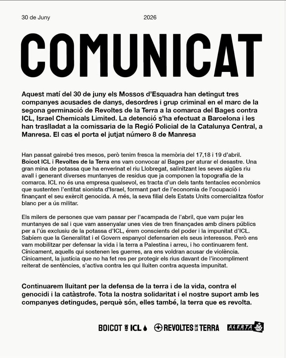 AlertaSolidaria's tweet photo. Les tres companyes segueixen detingudes!
N'exigim la llibertat!

➡️ Concentrem-nos avui als Jutjats de Manresa!

➕ Comunicat amb @boicotIcl i RT 🟡 https://t.co/7ywOBbjeb9