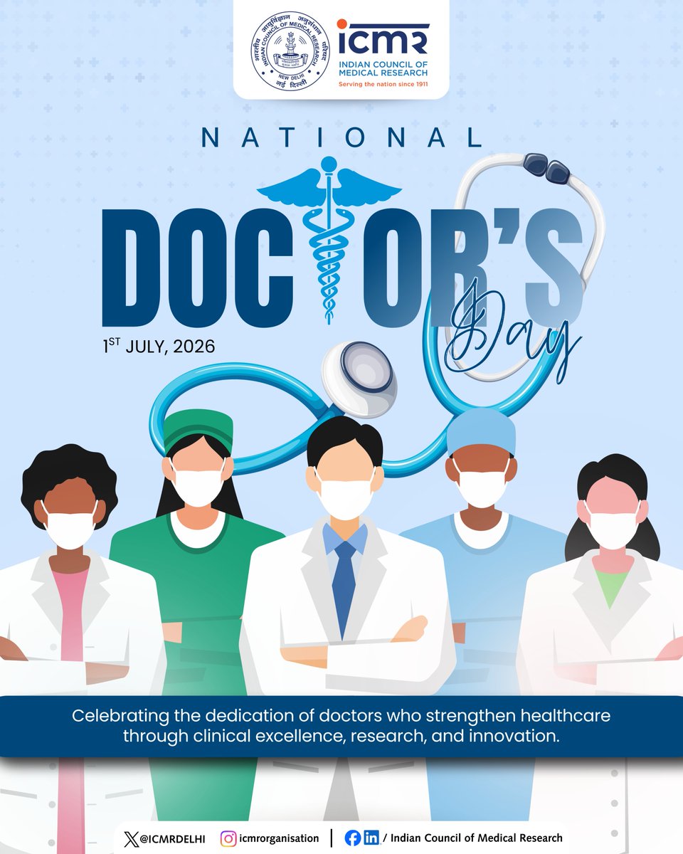 ICMRDELHI's tweet photo. On #NationalDoctorsDay, we salute the tireless dedication of India's doctors — healers, researchers, and frontline warriors who put patients above self, every single day.

Your commitment strengthens India's health system. https://t.co/M6ndaKWOZy