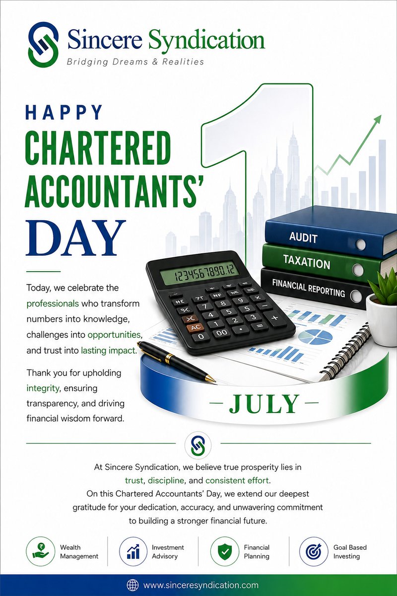 SivaInvestor's tweet photo. ✨ Celebrating the professionals who transform numbers into confidence and trust into lasting value.✨
Happy Chartered Accountants' Day!
#HappyCharteredAccountantsDay #CharteredAccountant #FinancialExcellence #WealthCreation #BusinessLeadership #India #TrustedAdvisor #InspireBySincereSyndication #SincereSyndication #SivaRamakrishnan #BridgingDreamsAndRealities