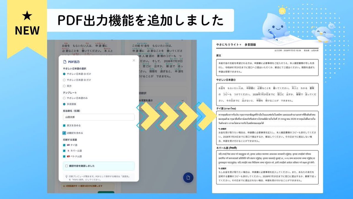 bloomyourwish's tweet photo. 【お知らせ】
やさにちリライト＋ 新機能リリース

AIやさしい日本語変換ツール
「やさにちリライト＋」に、
あたらしい機能が加わりました。

■ PDF出力機能（新登場）
変換したやさしい日本語を、
そのままPDFとして
書き出せるようになりました。

ルビや多言語にも対応し印刷・配布に
そのまま使える品質です。

無料プランでも
月3回までご利用いただけます✨

（有料プランは✨無制限✨）

■ ルビ・分かち書きの単独機能
お手持ちの文章に、ふりがな（ルビ）や
分かち書きだけを付けることが
できるようになりました。

（有料プラン限定の機能です）

■ ルビの色を３色から選択できます
ルビの色を３色（黒・赤・シアン（青））
から選べるようにしました。

■ 画面デザインを一新
左サイドバー型のレイアウトにリニューアルし、
機能へのアクセスがよりスムーズになりました。

自治体・医療機関・公的機関の窓口や、
多言語での情報発信に、ぜひご活用ください。

▼ 無料おためしから使ってみてください
https://t.co/5LshGV4NJn