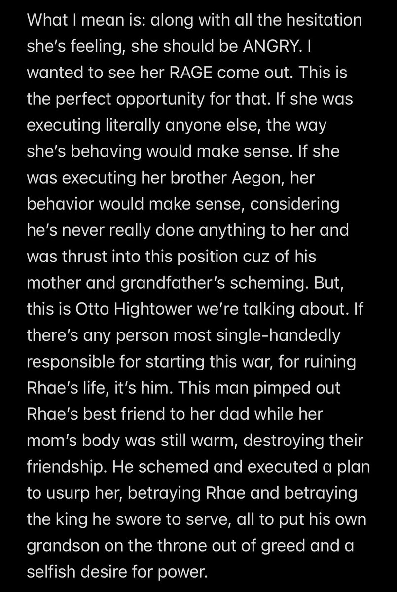 TheSpringDream's tweet photo. ‼️SPOILERS‼️ My many thoughts on the throne room scene in #HouseOfTheDragon s3ep2. TL;DR I dislike that Rhaenyra is hesitant &amp; trembling the whole time. Yes, she’s traumatized and hasn’t taken a life before. She should be reluctant, but she should also be ANGRY. Where’s her rage? https://t.co/M4SGon0QmF