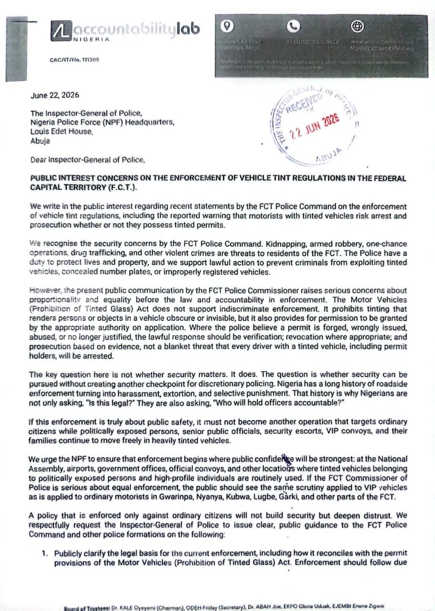 accountlabng's tweet photo. @POSSAP_NGG Nigerians still need clarity on tint permit with the most recent pronouncement with the @FCT_PoliceNG @FCTCRU https://t.co/ziC7fqlNB2
