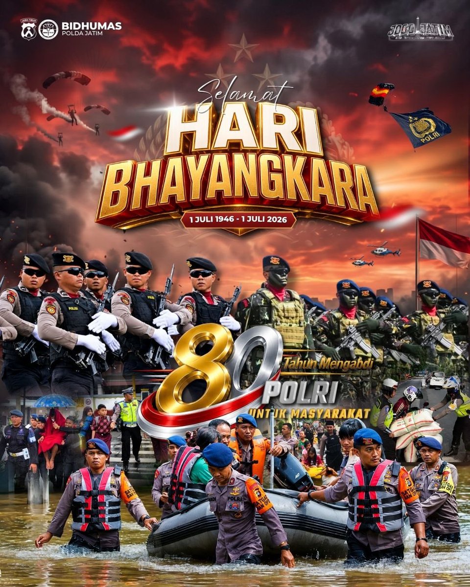 Polres_Bwi's tweet photo. @bidhumas_jatim Kepala Kepolisian Daerah Jawa Timur Beserta Staf dan Jajaran Mengucapkan 

Selamat Hari Bhayangkara ke-80

1 Juli 1946 - 1 Juli 2026

#HariBhayangkara80  
Polri Untuk Masyarakat
#Poldajatim #HumasPoldaJatim #CallCenter110 https://t.co/xsR7geIp6B