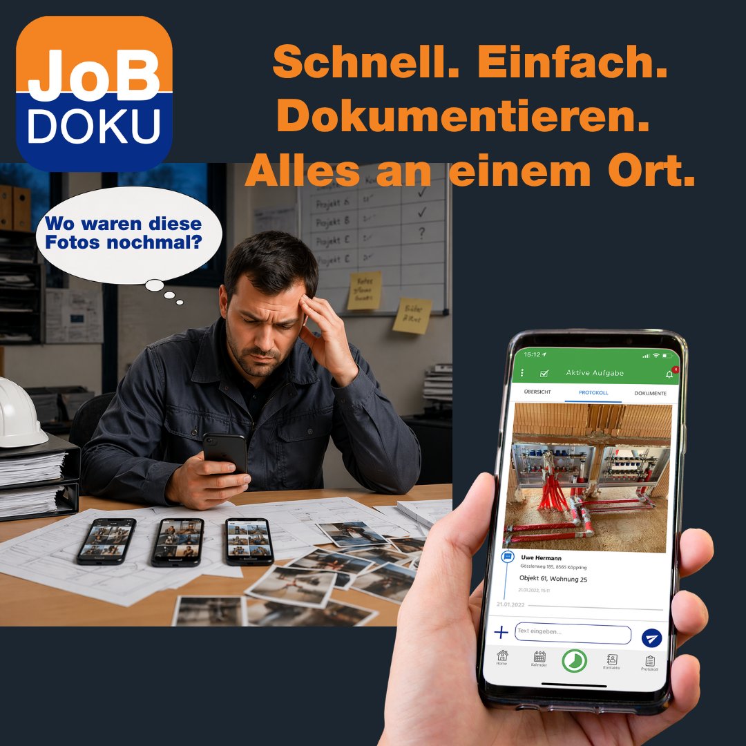 JobDoku's tweet photo. Wenn Sie keine Dokumentation haben, wird diskutiert. 📃💬
Typischer Baustellenalltag:
• Fotos auf verschiedenen Handys
• keine klare Zuordnung
• Diskussionen mit Kunden, Mitarbeitern und Büro
Mit JobDoku:
• Fotos direkt im Projekt speichern
• Kommentare ergänzen
• alles automatisch und in Echtzeit dokumentiert
👉 Jeder Schritt ist nachvollziehbar. Beweise statt Diskussionen. 📱✅📷🧠
👉 Jetzt kostenlos testen und sauber dokumentieren: https://t.co/Ytc3iDZCRj

#Baustelle #Dokumentation #Handwerk #Qualität #handwerkerapp #jobdoku