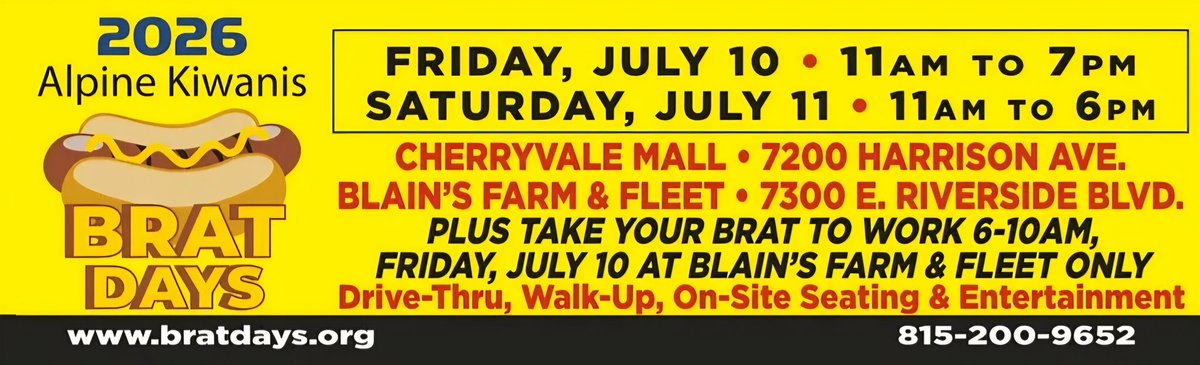 johnbielarz's tweet photo. 55th year of ALPINE KIWANIS BRAT DAYS, Friday, July 10, 11:00AM-7:00PM and Saturday, July 11, 11:00AM-6:00PM.  The event will be held at two locations: CHERRYVALE MALL – 7200 Harrison Ave. - upper level facing Perryville Rd. and BLAIN’S FARM &amp; FLEET – 7300 E. Riverside Blvd. https://t.co/ZavhELzQpN