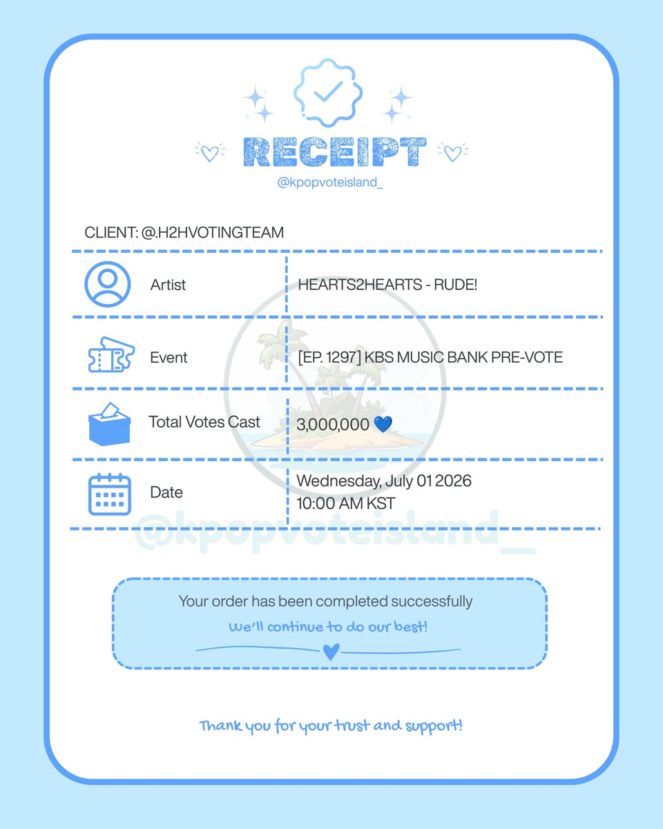 kpopvoteisland_'s tweet photo. #IslandVotezSell

🗳️ : SOLD 3,000,000💙 + Bonus Votes ✅

👤 : for #Hearts2Hearts by @H2HVOTINGTEAM at [EP.1297] KBS MUSIC BANK Pre-Vote🩵🏝️

Thank you very much for trusting us and make an order with us. Have a wonderfull day!🥹🩵 https://t.co/Uf2edSYD2m