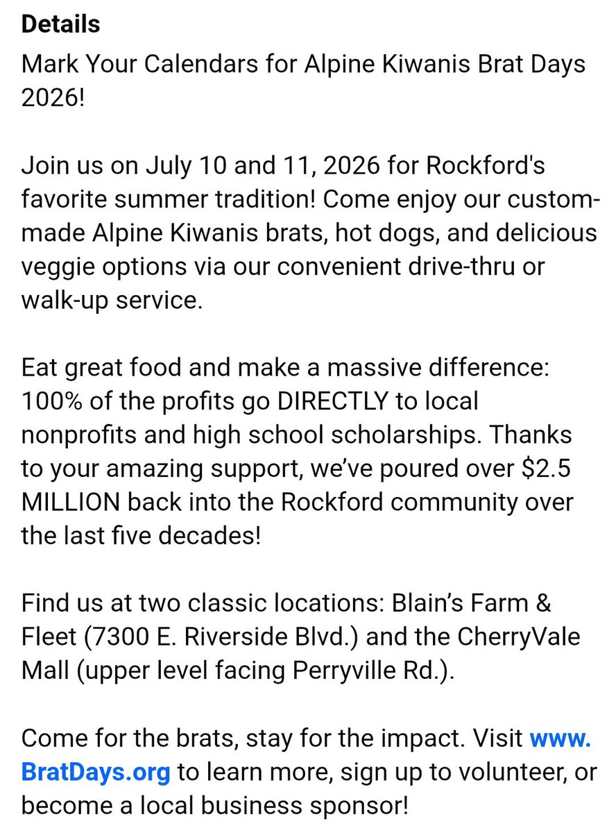 johnbielarz's tweet photo. 55th year of ALPINE KIWANIS BRAT DAYS, Friday, July 10, 11:00AM-7:00PM and Saturday, July 11, 11:00AM-6:00PM.  The event will be held at two locations: CHERRYVALE MALL – 7200 Harrison Ave. - upper level facing Perryville Rd. and BLAIN’S FARM &amp; FLEET – 7300 E. Riverside Blvd. https://t.co/ZavhELzQpN