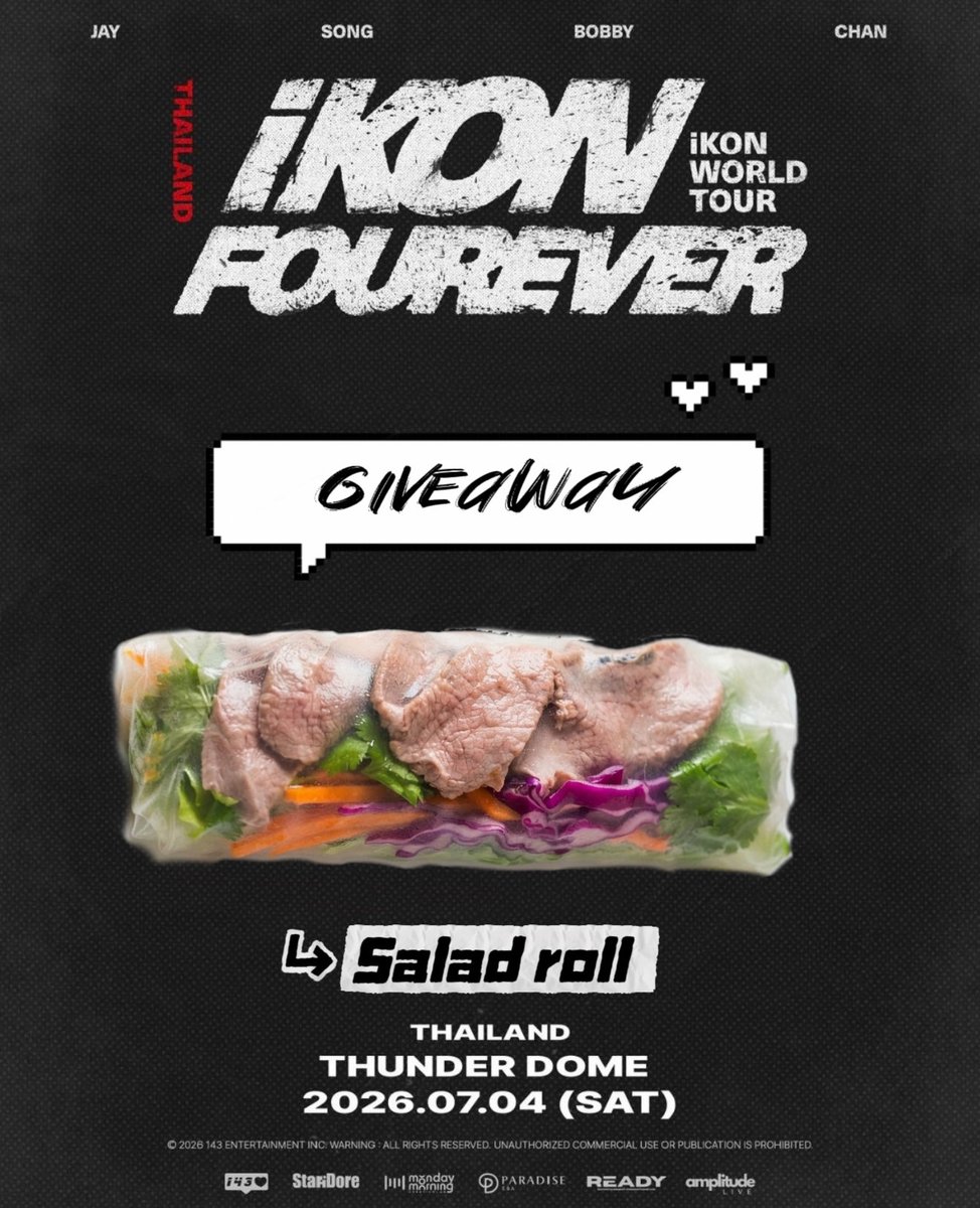 realwinny's tweet photo. 〰️ giveaways 〰️
Salad roll (pork)

❤️ 30 ea

⏰12.00เป็นต้นไป
📍Thunder dome 

ของกินง่ายๆรองท้อง เนื่องด้วยกิจกรรมแสนแน่น ใครสนใจแวะมารับได้ค่ะ
#iKON_FOUREVER_TOUR_BKK https://t.co/H2qngxwqyu