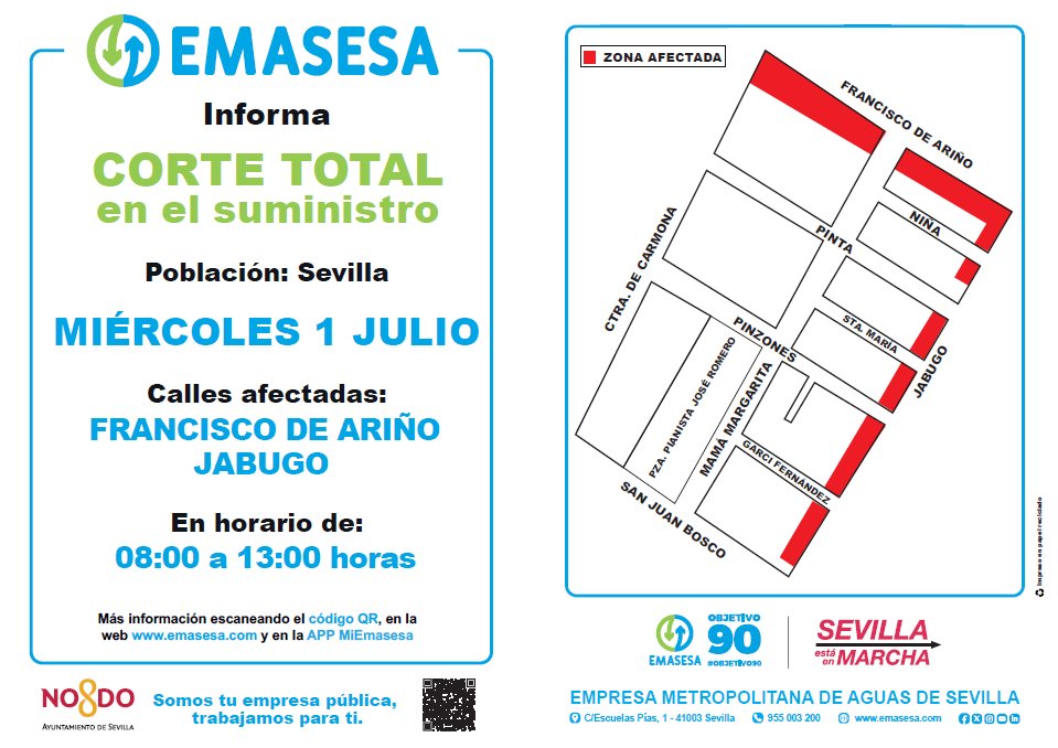 emasesa's tweet photo. RECUERDA❗ ø
01/07 #Corte en el suministro de #TuAgua por trabajos en la red de abastecimiento en C/ Francisco de Ariño en @DtoSPabloSJusta
⌚ De 08:00 - 13:00 h.
Gracias y disculpen las molestias. #TrabajamosParaTi
#EMASESA #TuEmpresaPúblicaDelAgua @Ayto_Sevilla https://t.co/3sTR1mnYpU