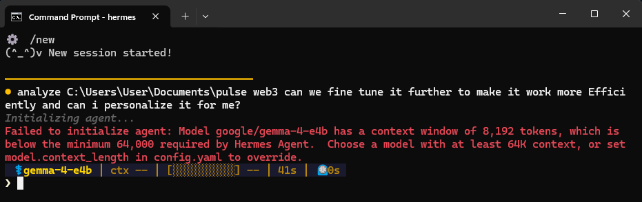 web3yohan's tweet photo. Did Hermes Agent figured that im broke and i cant afford to host a 64K context menu model locally? https://t.co/aJowfVufNT