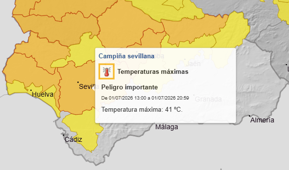 E112Andalucia's tweet photo. #BuenosDías Comenzamos el mes de julio marcado por los avisos meteorológicos por calor: 

🟠Aviso naranja en #Huelva #Sevilla #Córdoba y #Jaén y amarillo en #Cádiz 

‼️Protégete y extrema la precaución, sobre todo con niños, ancianos y enfermos https://t.co/BCD8F6N7I4
