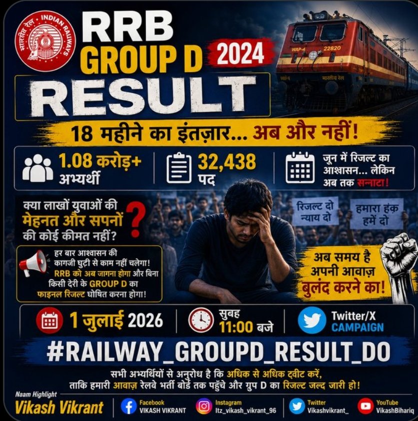 Jaychand_Roy's tweet photo. रेलवे ग्रुप D भर्ती (CEN 08/2024) का विज्ञापन जारी हुए लगभग 18 महीने बीत चुके हैं।
#RAILWAY_GROUPD_RESULT_DO
#RRBGroupDResult
#RRBGroupD2024
#GroupDResult
#ReleaseGroupDResult
@PMOIndia
 
@narendramodi
 
@AshwiniVaishnaw
 
@RailMinIndia https://t.co/i5rJnii7cz