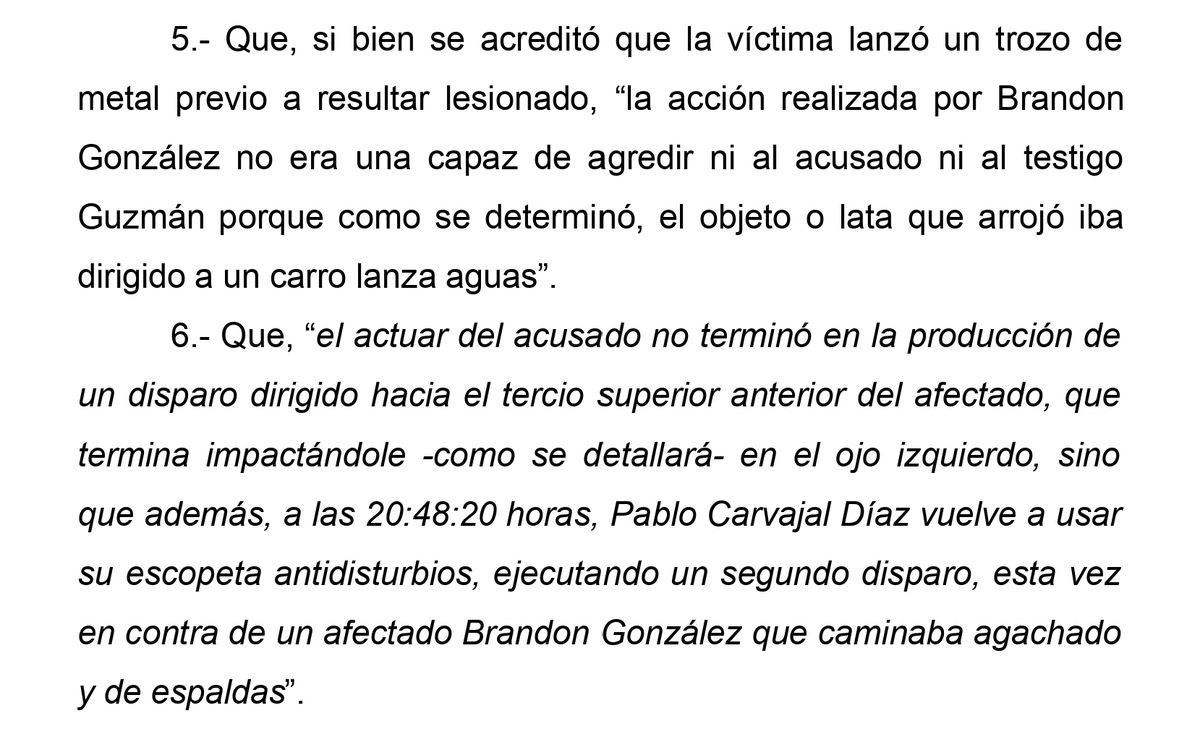 lmrendon's tweet photo. En @ProceresPorcel chilla todo el facherío (@gustavohasbun Elizabeth Rodríguez @BenjaminMorenob e incluso el conductor @gonzalofeito) tratando de negar que, en el caso del condenado capitán Pablo Carvajal, nunca hubo agresión a los policías a pie. También chillan negando que después del primer disparo, Carvajal le hizo un segundo por la espalda al manifestante. Les dejo los numerales 4 y 5 del considerando 4° del fallo de la Corte de Apelaciones en causa Penal Rol 1975-2026.