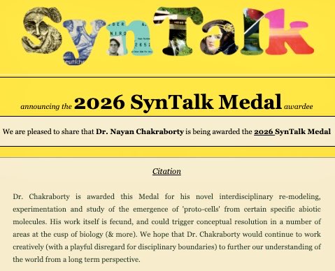 stpalli's tweet photo. It’s triply rewarding when your PhD student is recognised. 

Hearty congratulations to Nayan Chakraborty for being awarded the 2026 @SynTalk Medal for his PhD thesis work. https://t.co/V8AvL0M7D9