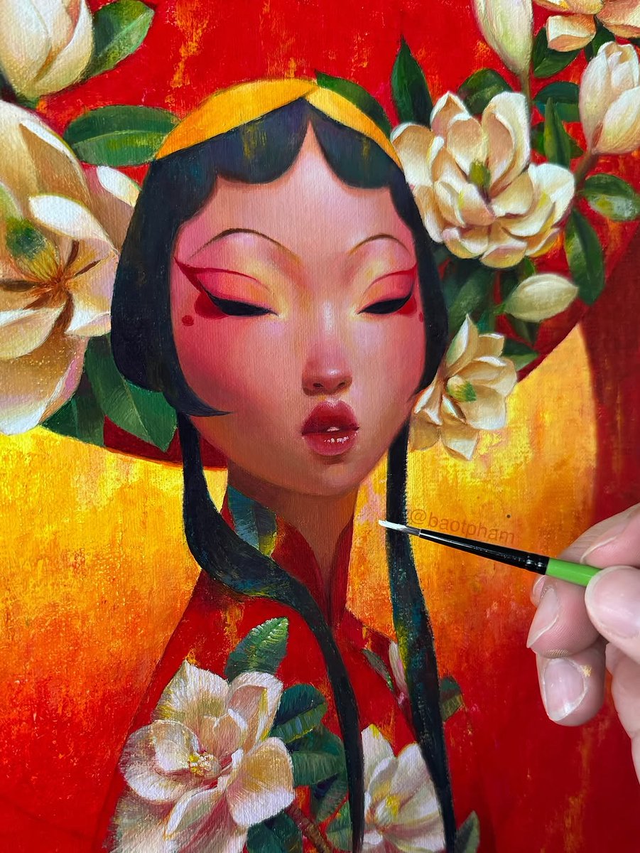 baotpham's tweet photo. Some details on this little acrylic piece 🌿❤️‍🔥🧧🌸🌿. I'll be  this Saturday, so stop by to see the original painting.  Plus, I'll have new prints and stickers available too!✨
Official prints will be available for the Lunar new year!  More info later🧧
... https://t.co/dPGiMtzz8D