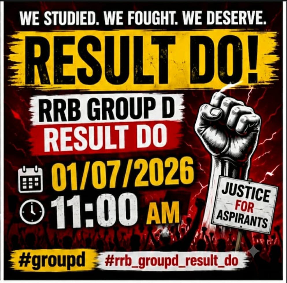 RiteshS79103000's tweet photo. 📌RRB GROUPD RESULT &amp; CALENDAR TIMELINE JARI KRO
01 JULY 2026
हमारी मांगें:
• RRB Group D Result तुरंत जारी हो
• Official Recruitment Timeline दी जाए
• DV, Medical और Joining की तारीखें तय हों
#railway_groupd_result_do
@AshwiniVaishnaw
@RailMinIndia 
@PMOIndia https://t.co/B6leS6NxCf