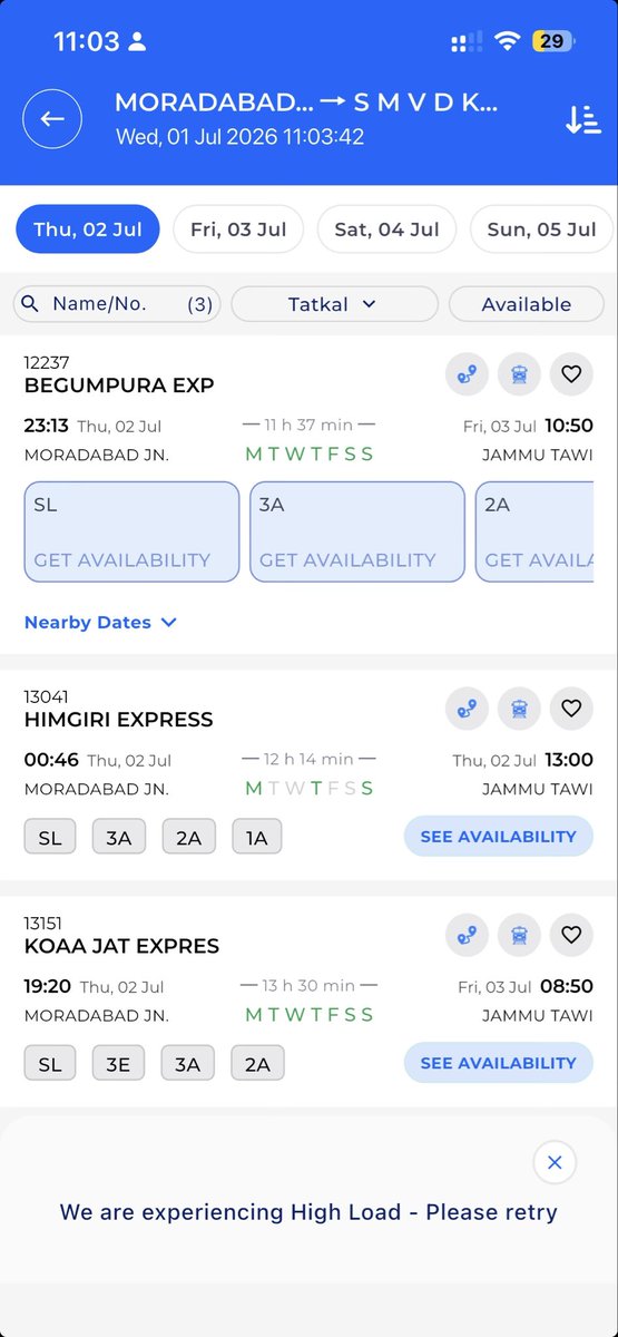 Ramchd_Ag's tweet photo. @PIB_India @RailMinIndia @AshwiniVaishnaw @RailwayNorthern @RailMinIndia today again tatkal portal failed  I’m trying from last 2 days but same issue coming daily at 11 am and seats full with in minutes https://t.co/00URkoCuRI