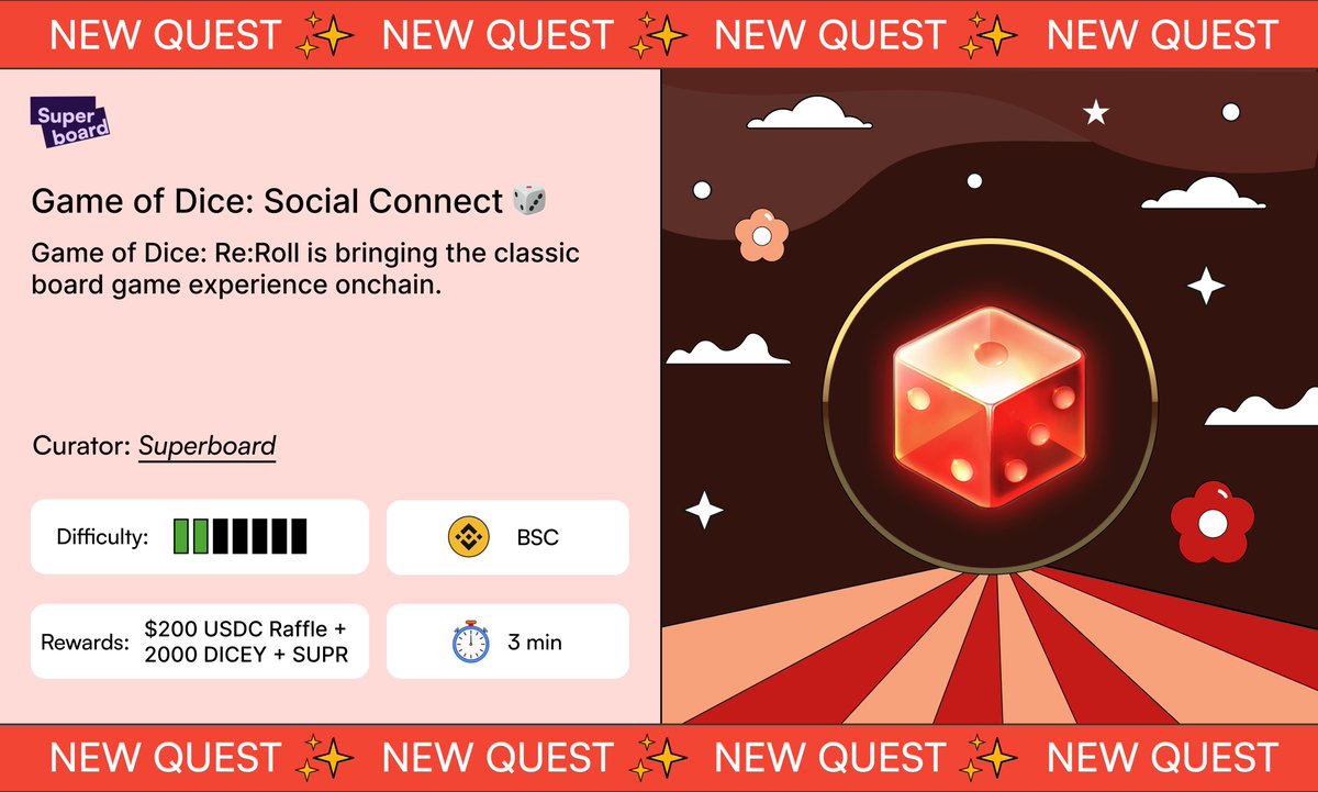 Superboard_'s tweet photo. Game of Dice: Social Connect 🎲 is live!

🔓 Hold 100 SUPR Points to unlock
✅ Follow @GameofDice_Web3 
▶️ Complete social tasks
🎁 Earn 2000 DICEY + enter $200 raffle

Join → https://t.co/sCpR8SrhHU https://t.co/mPzfhkHxVY