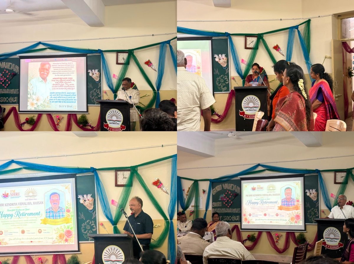 KVHASSAN3's tweet photo. 🙏 GURU-VANDANA CELEBRATION 🙏

PM SHRI KV Hassan honoured Sri B Sathyanarayana with a heartfelt Retirement Guru-Vandana ceremony! 🎓

Years of dedication &amp; inspiring countless students! 💐✨

Thank you, Sir! 🙏

#PMShriKV #GuruVandana #ThankYouSir https://t.co/2Hjxk12XIn