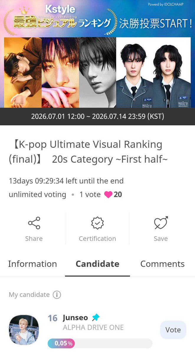JUNSEOINA_VT's tweet photo. 📢 CALLING ALL SEODUNGIES

#JUNSEO masuk dalam Kstyle Ultimate Visual Ranking (Final) – 20s Category di ICHAMP APP dan voting sudah di buka. 

📅 1– 14 Juli
🏆 Trophy
🏆 Iklan Media Japan

Mari fokuskan vote kita dan dukung Junseo bersama-sama! 

#JUNSEO #준서 #KIMJUNSEO #김준서 https://t.co/HwZwGBCn2Y
