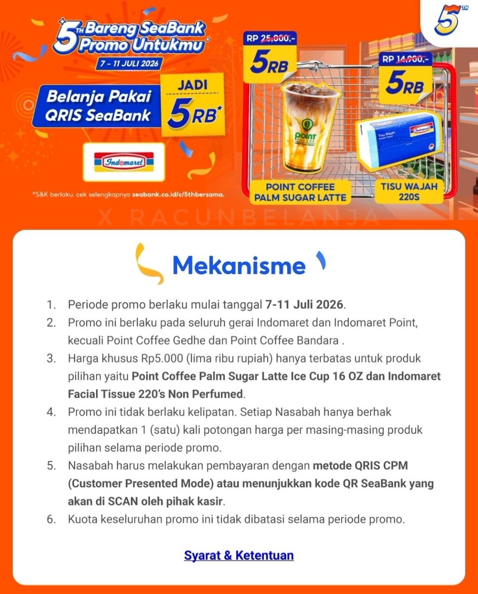 RacunBelanja's tweet photo. Siap siap yang punya Seabank‼️
🗓️ 7-11 Juli 2026

Point Coffee Palm Sugar Latte &amp; Indomaret facial tissue harga Rp5.000 https://t.co/hBLLuKLmaZ