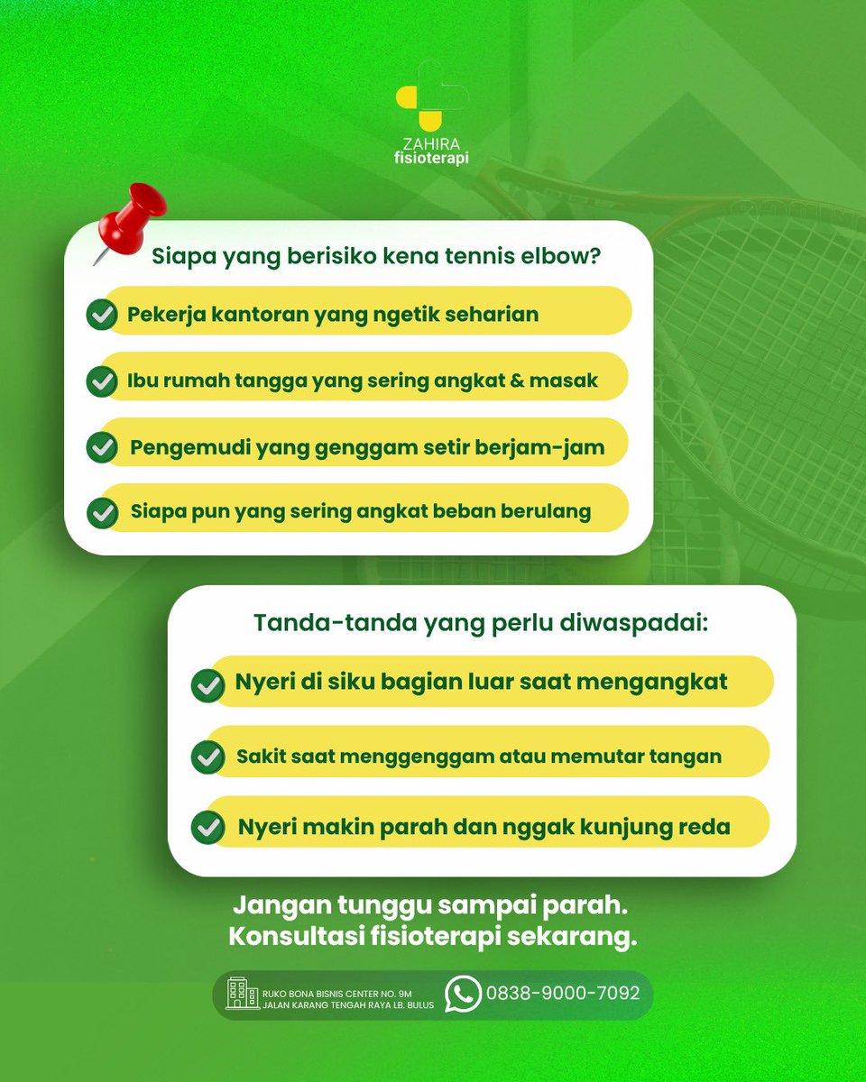 zahiracarejkt's tweet photo. Namanya tennis elbow, tapi yang kena bukan cuma pemain tenis. Swipe untuk tahu siapa aja yang berisiko 👉
__
Zahira Fisioterapi
📍 Ruko Bona Bisnis Center No. 9M, Lebak Bulus
📞 0838-9000-7092
#TennisElbow #NyeriSiku #Fisioterapi #ZahiraFisioterapi #FisioterapiJakarta https://t.co/MaZcIiFXpY