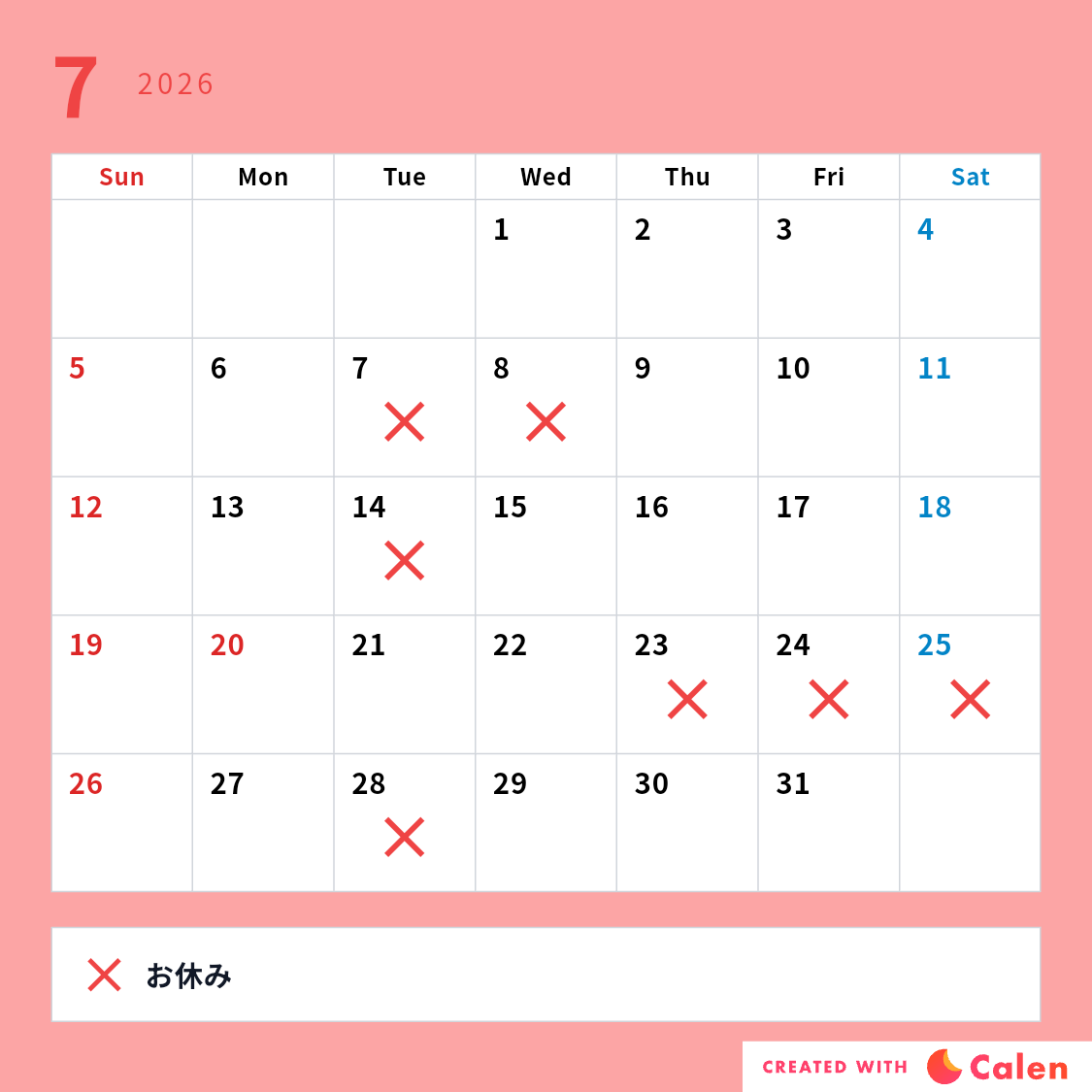 Lafies_Scarlet's tweet photo. 7月の営業予定です！今月ははばないで出かけたり京都に行ったりと予定がありお休みが少し特殊です、何卒よろしくお願い致します🙏

21日の火曜日だけ振替営業します！🔥💪

#わためいとの実家 https://t.co/p8pxSSA1xc