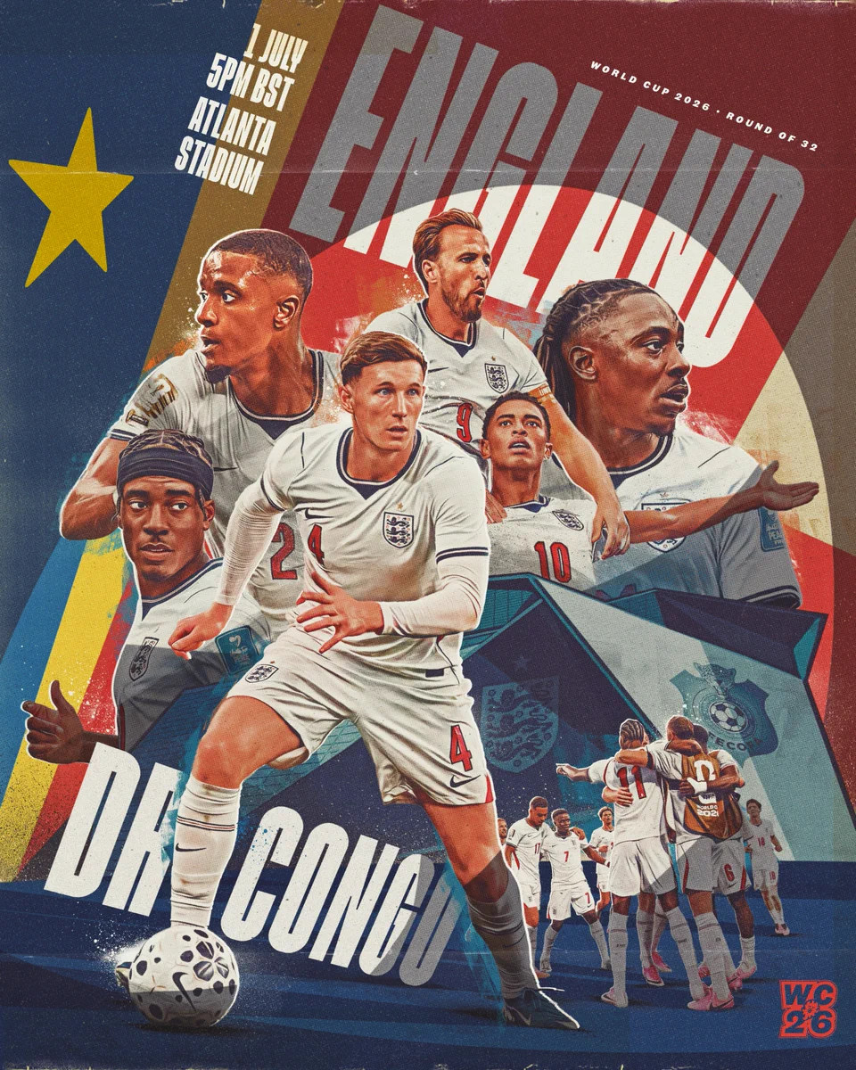 Matchday graphic for England against DR Congo at the FIFA World Cup round of 32 in Atlanta, kick off is 5pm (UK) 