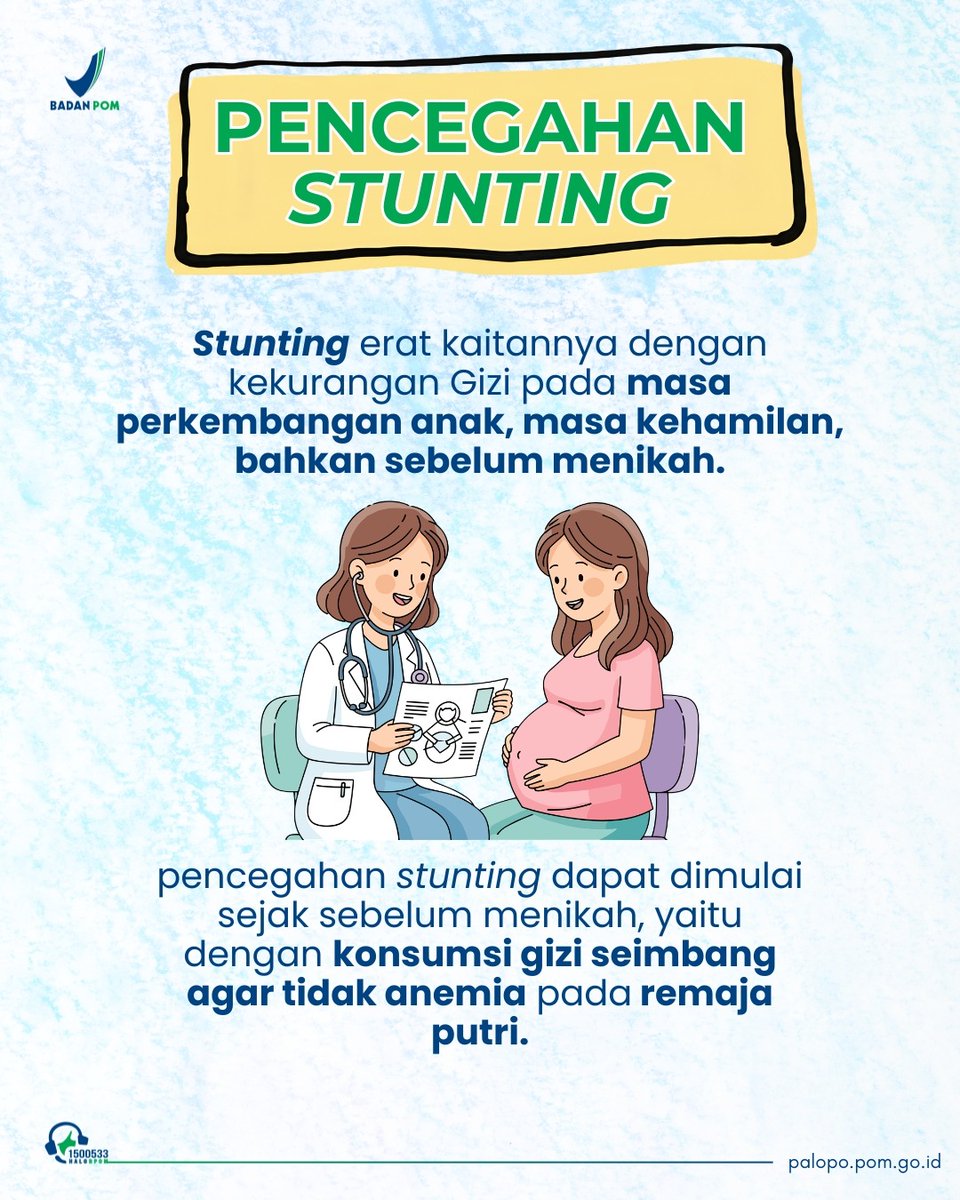 bpompalopo's tweet photo. CEGAH STUNTING, WUJUDKAN GIZI SEIMBANG UNTUK REMAJA PUTRI

Halo #SolataBPOM ternyata pencegahan risiko stunting dapat dimulai pada masa remaja loh. n https://t.co/g3NVWtCadP