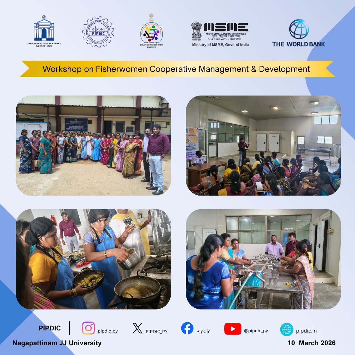 PIPDIC_PY's tweet photo. Empowering fisherwomen in Karaikal — one cooperative at a time.

30 fisher women trained on cooperative management, entrepreneurship, branding &amp; digital tools at Karaikal on 09–10 Mar 2025 under #RAMP, with an exposure visit to Dr. J. Jayalalithaa Fisheries University. https://t.co/nSoLKnX8WT